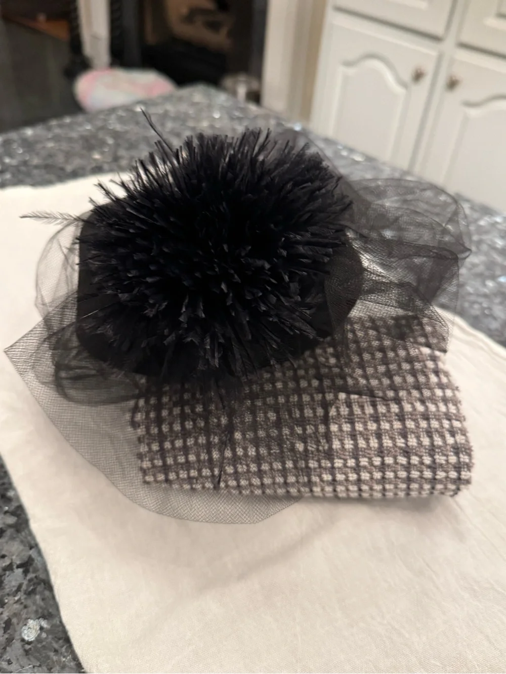 80s Betmar Black Wool Tilt Hat Feather Pompom USA Wool Vintage Women’s Church